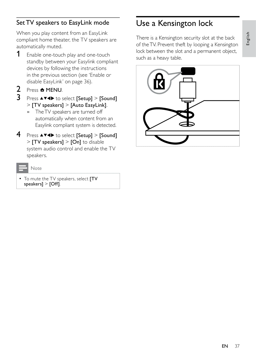 Philips 22PFL3415H/12, 19PFL3405H/12, 26PFL3405H/05, 26PFL3405H/12 Use a Kensington lock, Set TV speakers to EasyLink mode 