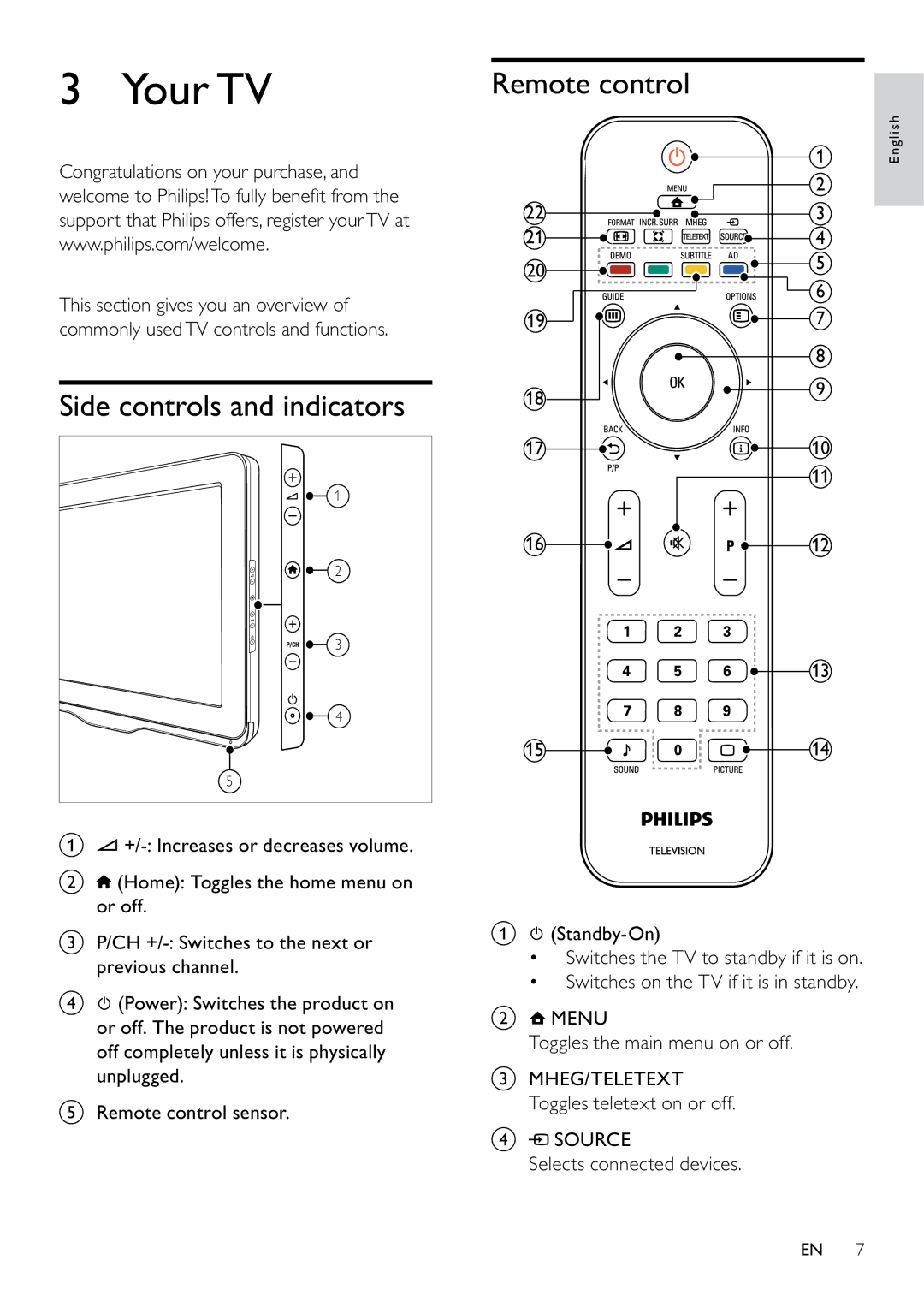 Philips 26PFL3405H/12, 19PFL3405H/12, 26PFL3405H/05, 22PFL3405H/12 Your TV, Side controls and indicators, Remote control 