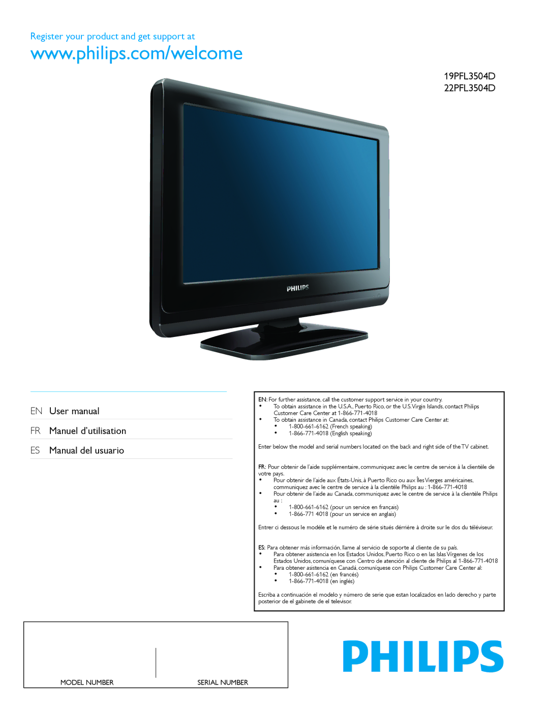 Philips 22PFL3504D, 19PFL3504D user manual Register your product and get support at 