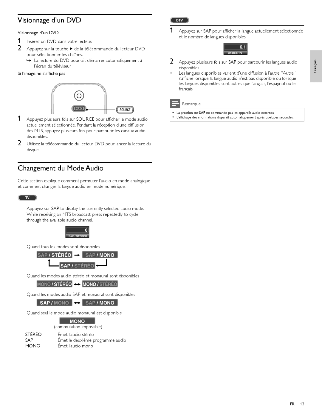 Philips 22PFL3504D, 19PFL3504D user manual Visionnage d’un DVD, Changement du Mode Audio 