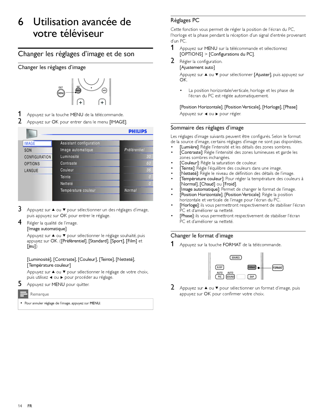 Philips 19PFL3504D, 22PFL3504D user manual Utilisation avancée de votre téléviseur, Changer les réglages d’image et de son 