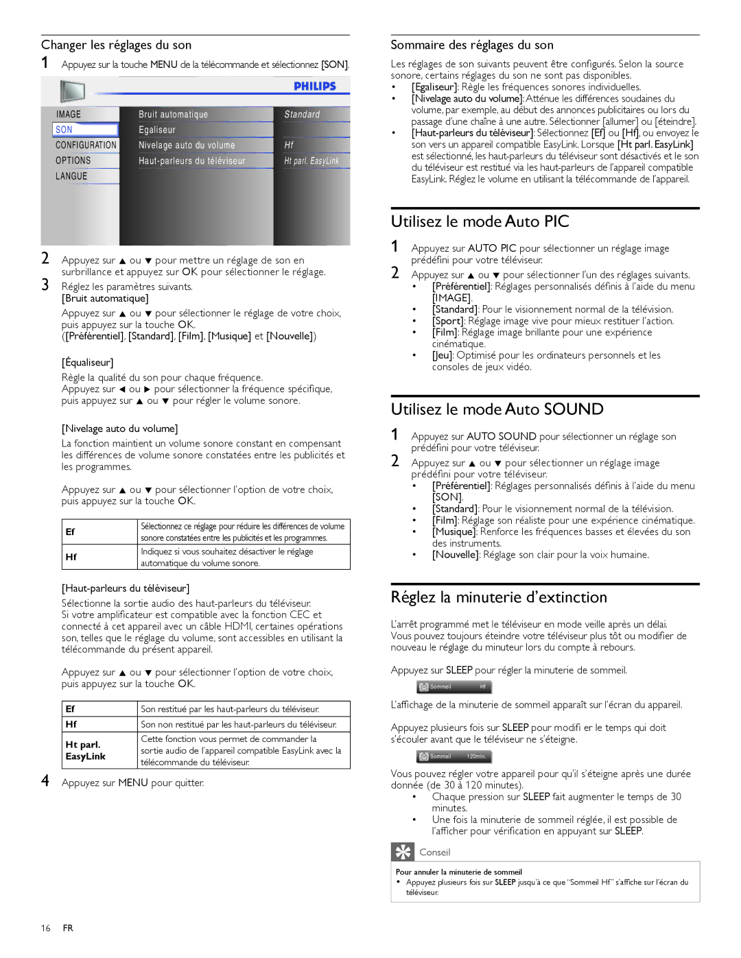 Philips 19PFL3504D, 22PFL3504D Utilisez le mode Auto PIC, Utilisez le mode Auto Sound, Réglez la minuterie d’extinction 