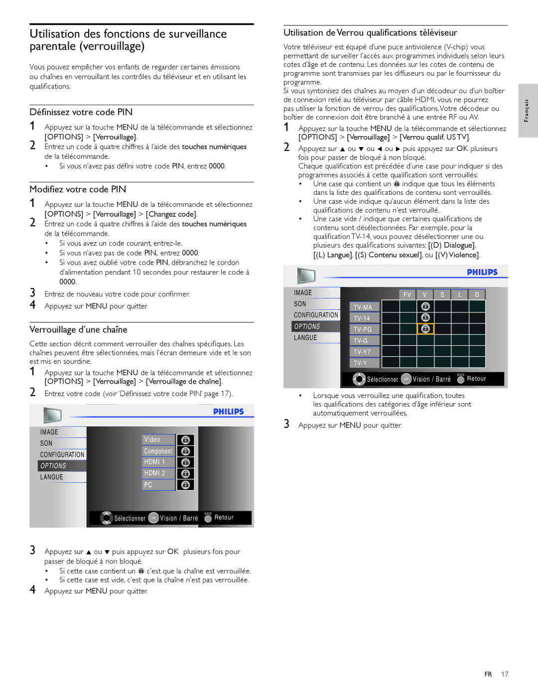 Philips 22PFL3504D Déﬁnissez votre code PIN, Modiﬁez votre code PIN, Verrouillage d’une chaîne, Si cette case contient un 