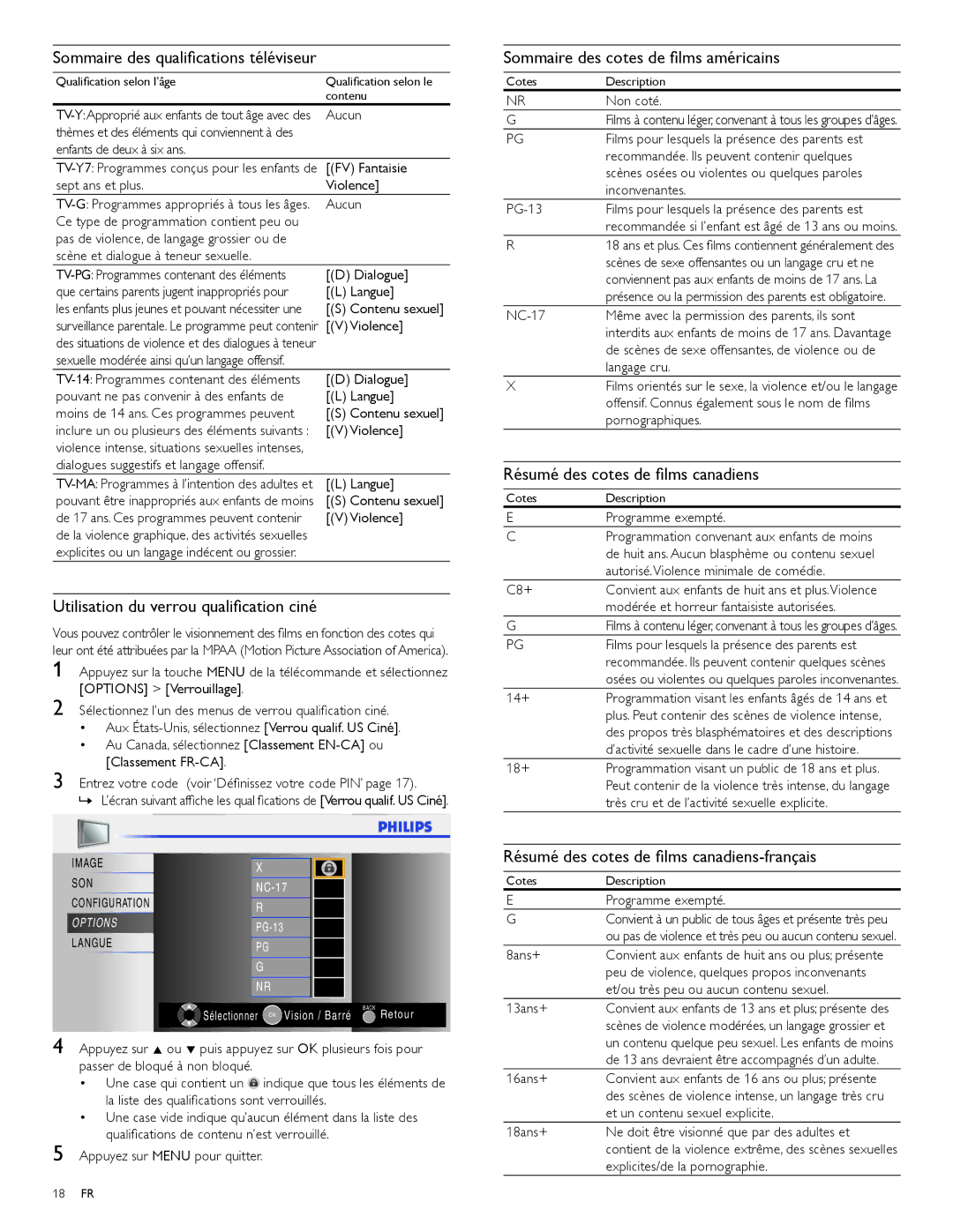 Philips 19PFL3504D, 22PFL3504D user manual Sommaire des qualiﬁcations téléviseur, Utilisation du verrou qualiﬁcation ciné 