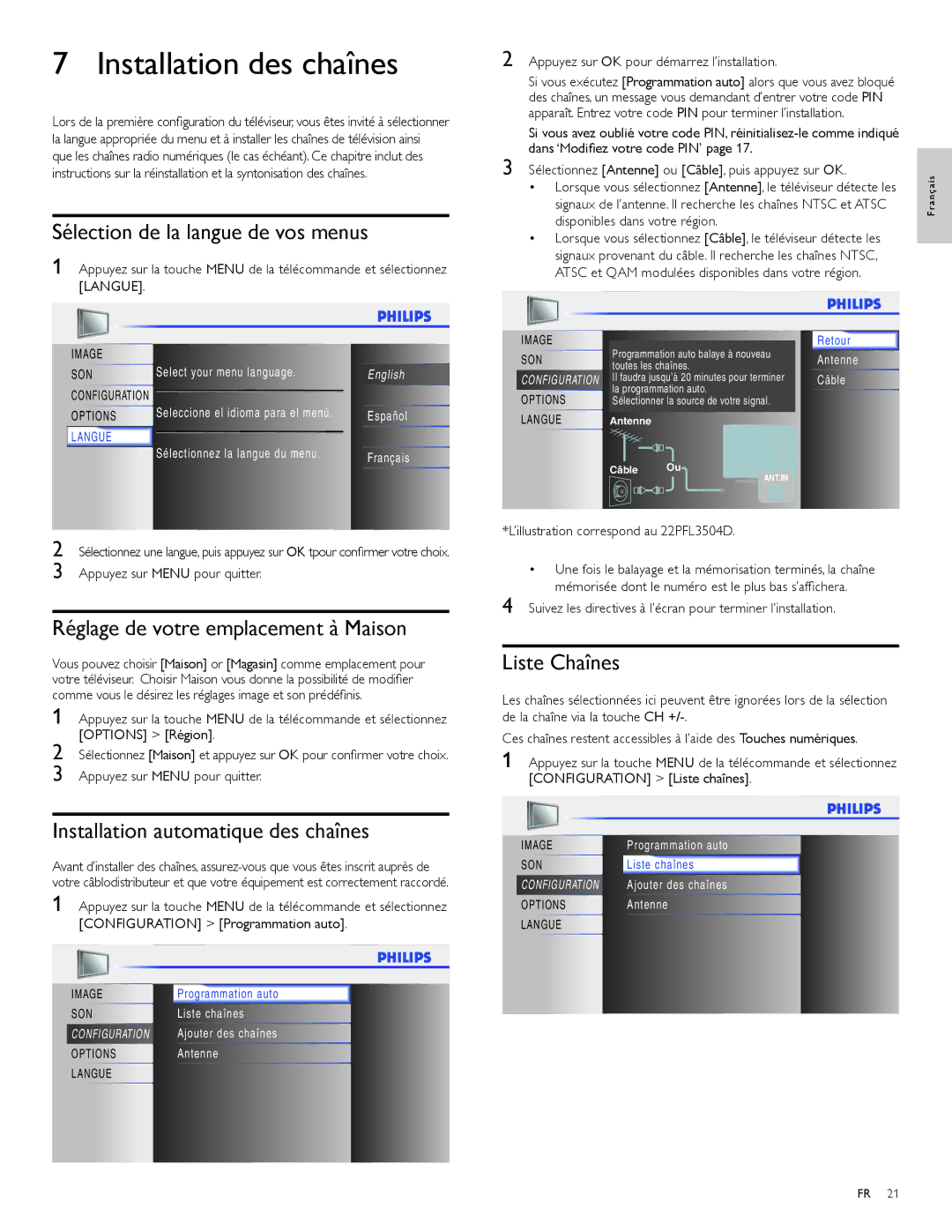 Philips 22PFL3504D Installation des chaînes, Sélection de la langue de vos menus, Réglage de votre emplacement à Maison 