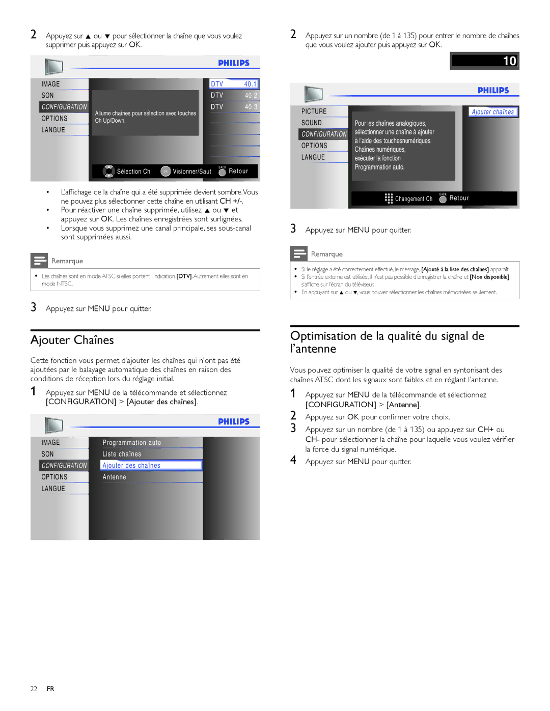 Philips 19PFL3504D, 22PFL3504D user manual Ajouter Chaînes, Optimisation de la qualité du signal de l’antenne 