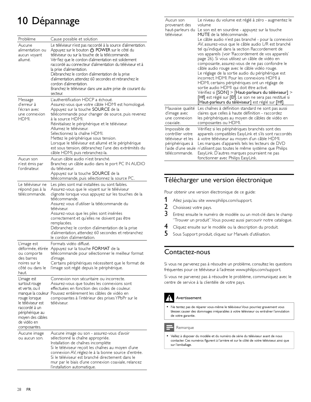 Philips 19PFL3504D, 22PFL3504D user manual 10 Dépannage, Télécharger une version électronique, Contactez-nous 