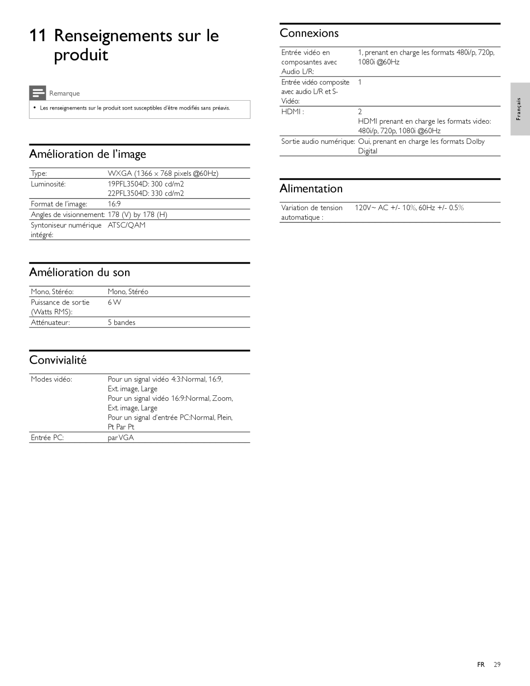 Philips 22PFL3504D, 19PFL3504D user manual Renseignements sur le produit 