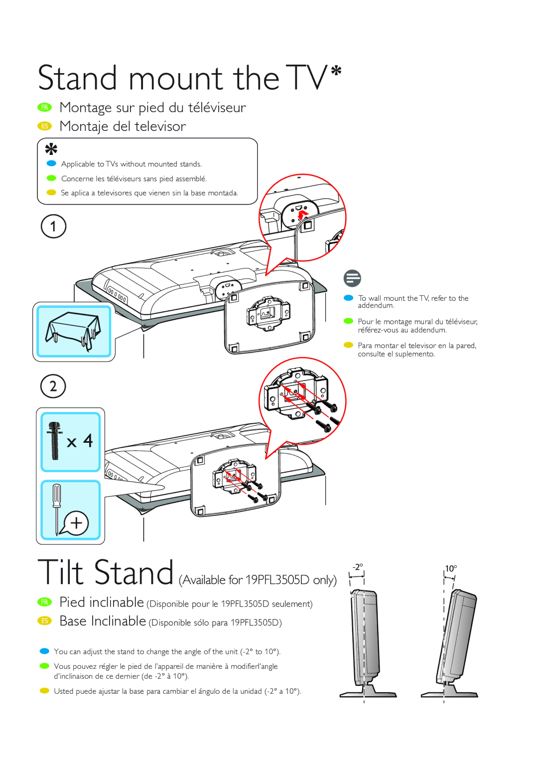 Philips 19PFL3505D/F7 manual Stand mount the TV, FR Montage sur pied du téléviseur ES Montaje del televisor 