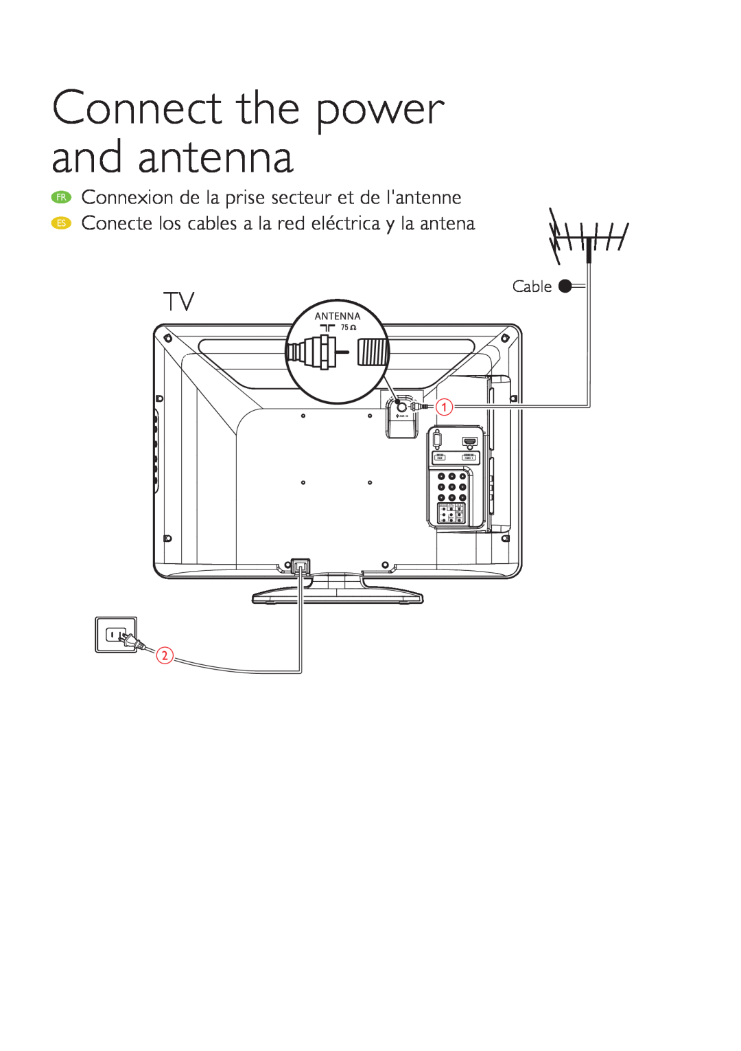 Philips 19PFL3505D/F7 manual Cable, Connect the power and antenna, Fr Es, Ant. In, Pc In, Hdmi In 