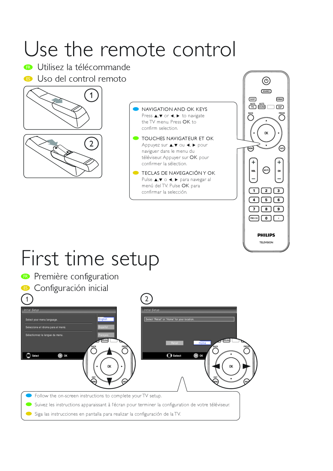 Philips 19PFL3505D/F7 manual Use the remote control, First time setup, Utilisez la télécommande Uso del control remoto 