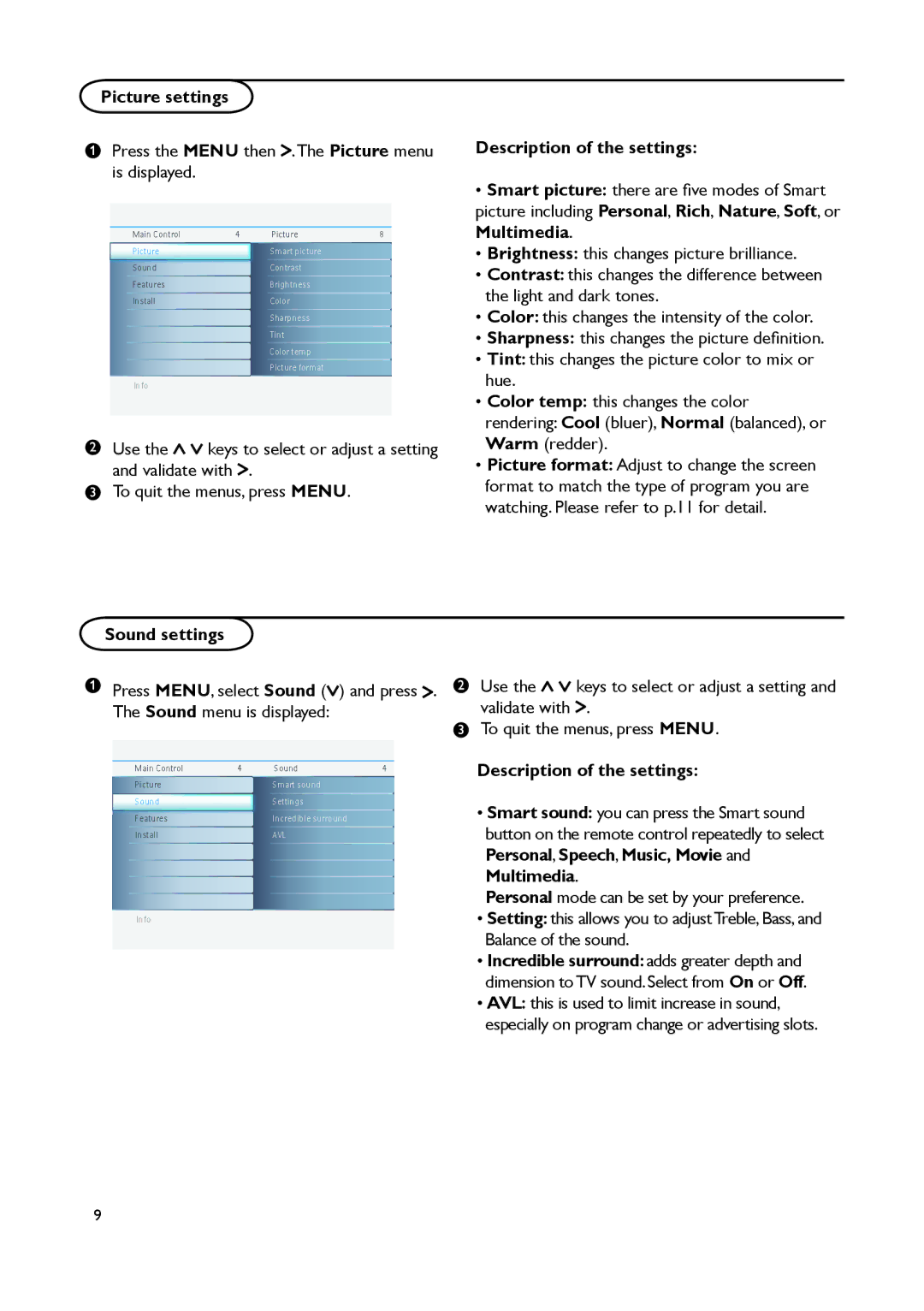 Philips 19PFL4322, 15PFL4122 user manual Picture settings, Description of the settings, Sound settings 