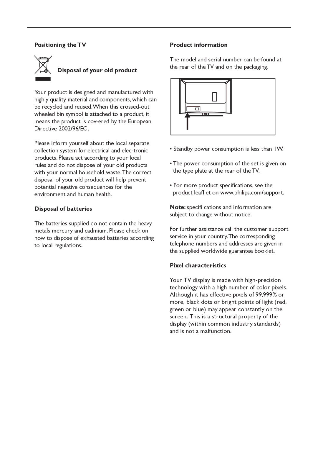 Philips 15PFL4122, 19PFL4322 Positioning the TV Disposal of your old product, Disposal of batteries, Product information 