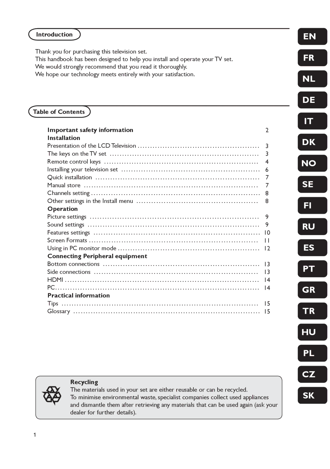 Philips 19PFL4322 Introduction, Table of Contents Important safety information Installation, Operation, Recycling 