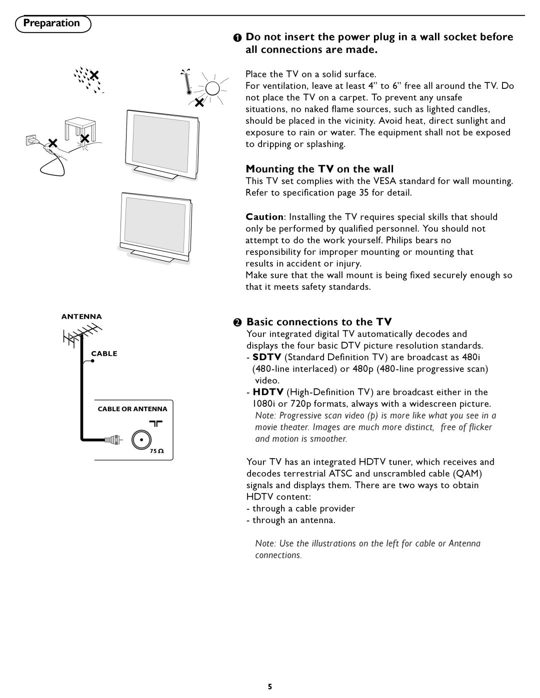 Philips 19PFL5402D quick start Preparation, Mounting the TV on the wall, Basic connections to the TV 