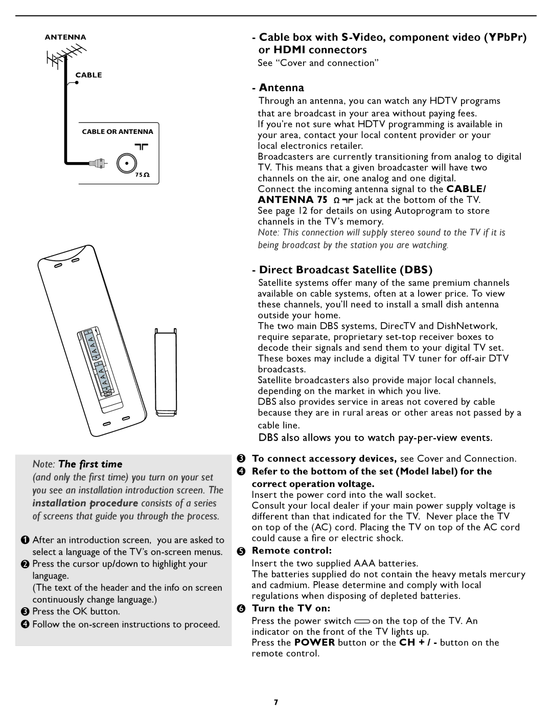 Philips 19PFL5402D quick start Antenna, Direct Broadcast Satellite DBS, Remote control, Turn the TV on 