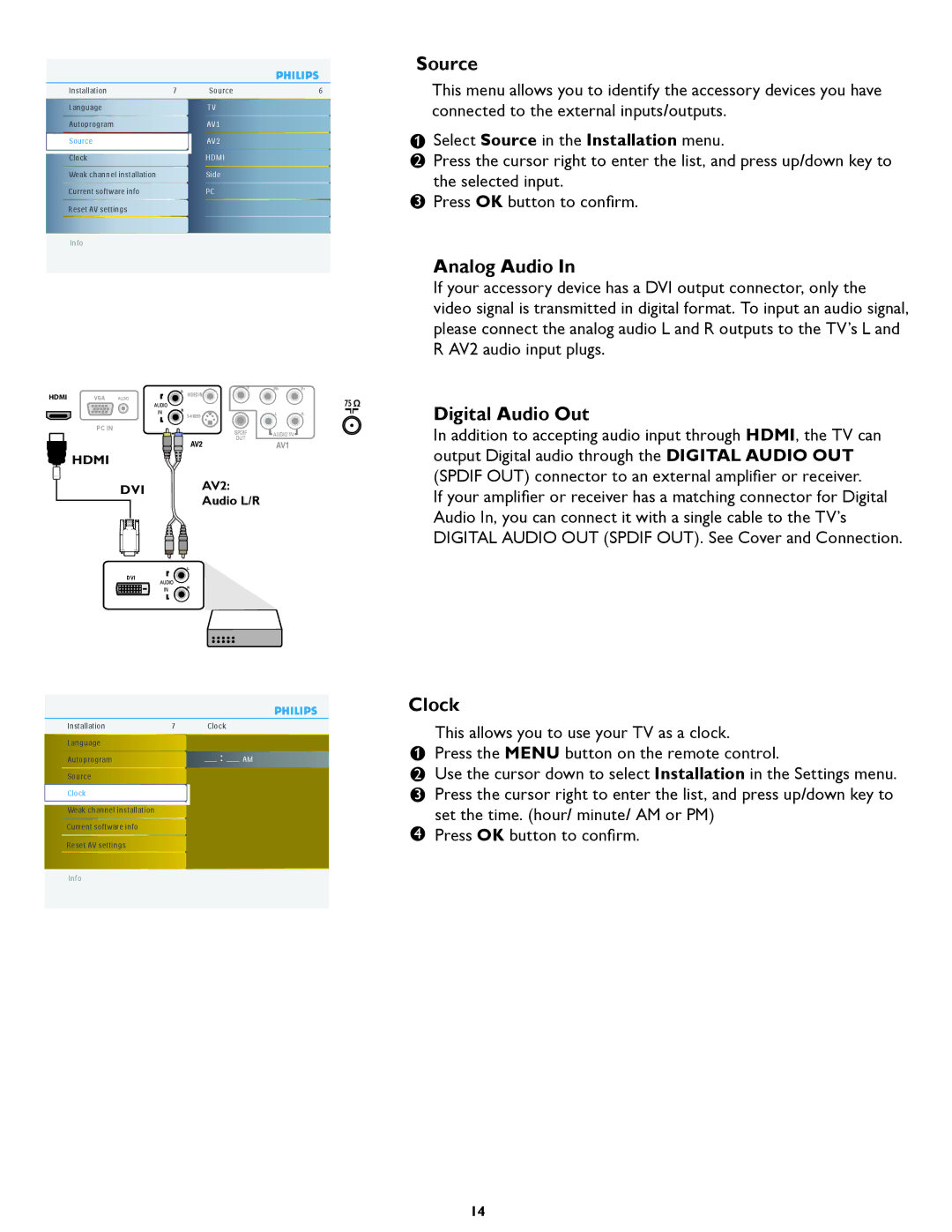 Philips 19PFL5402D quick start Source, Analog Audio, Digital Audio Out, Clock 