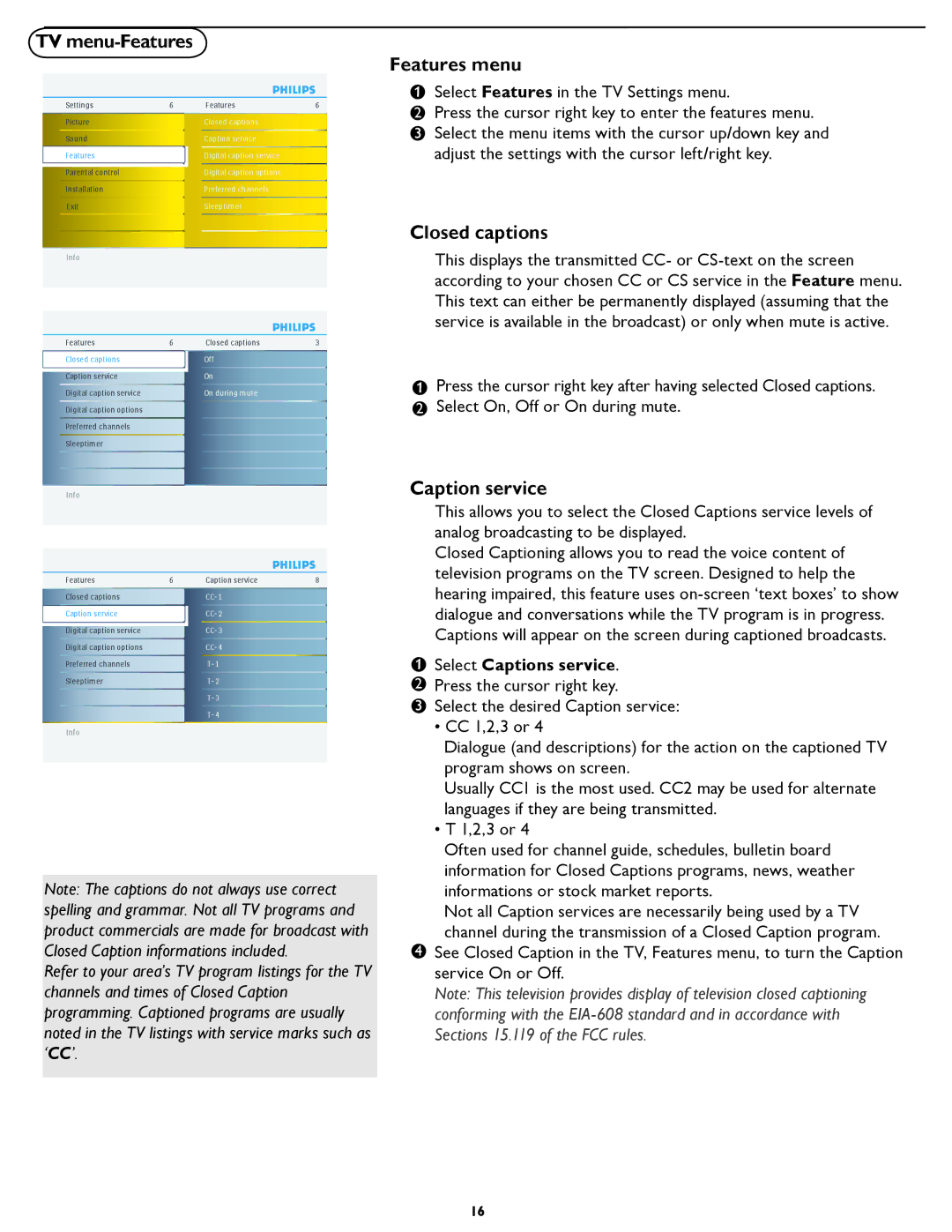 Philips 19PFL5402D quick start TV menu-Features, Features menu, Closed captions, Caption service, Select Captions service 