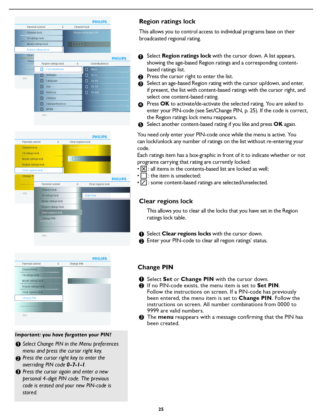 Philips 19PFL5402D quick start Region ratings lock, Clear regions lock, Change PIN 