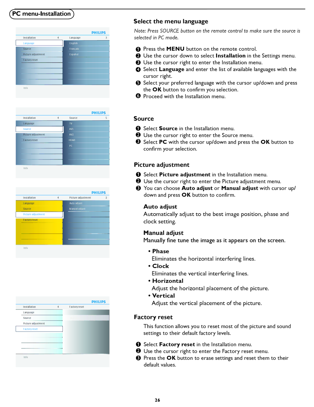 Philips 19PFL5402D quick start PC menu-Installation, Picture adjustment, Manual adjust, Factory reset 