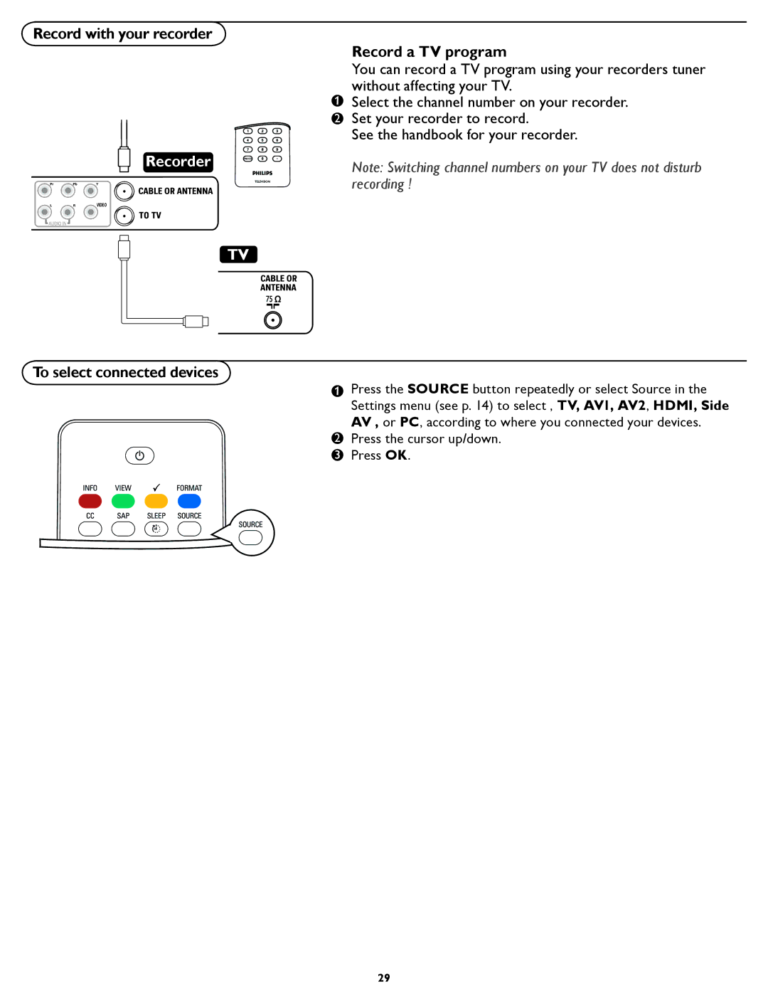 Philips 19PFL5402D quick start Record with your recorder, To select connected devices Record a TV program 