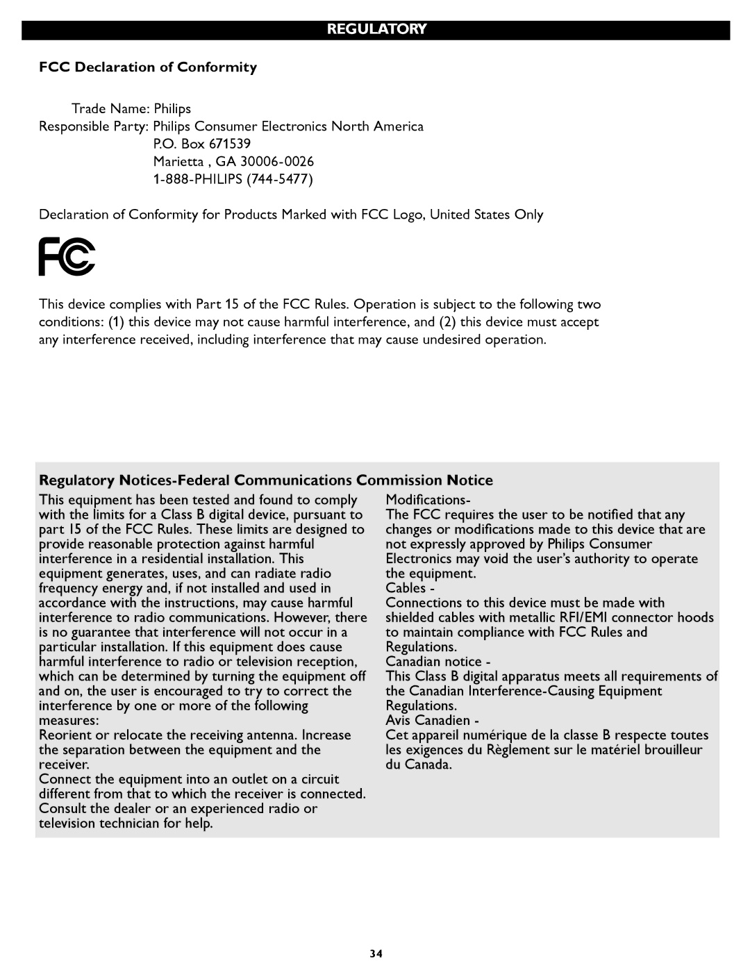 Philips 19PFL5402D quick start FCC Declaration of Conformity, Regulatory Notices-Federal Communications Commission Notice 