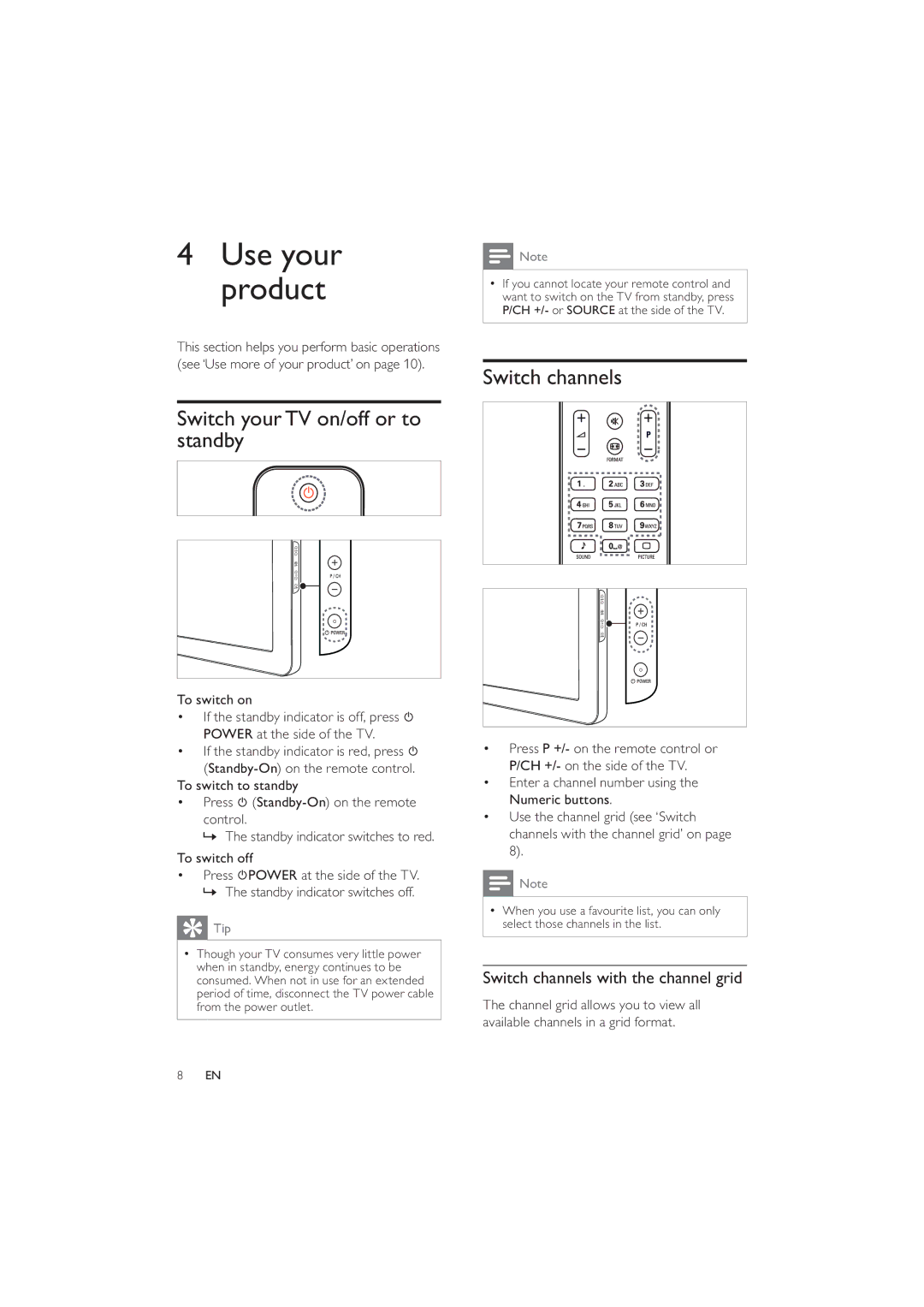 Philips 22PFL5614/60 Switch your TV on/off or to standby, Switch channels with the channel grid, To switch on 