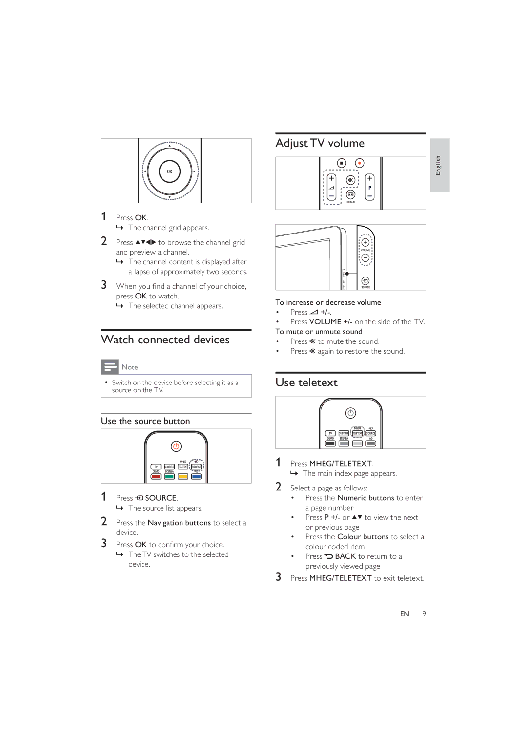 Philips 22PFL5604/60, 19PFL5404/60 Watch connected devices, Adjust TV volume, Use teletext, Use the source button 