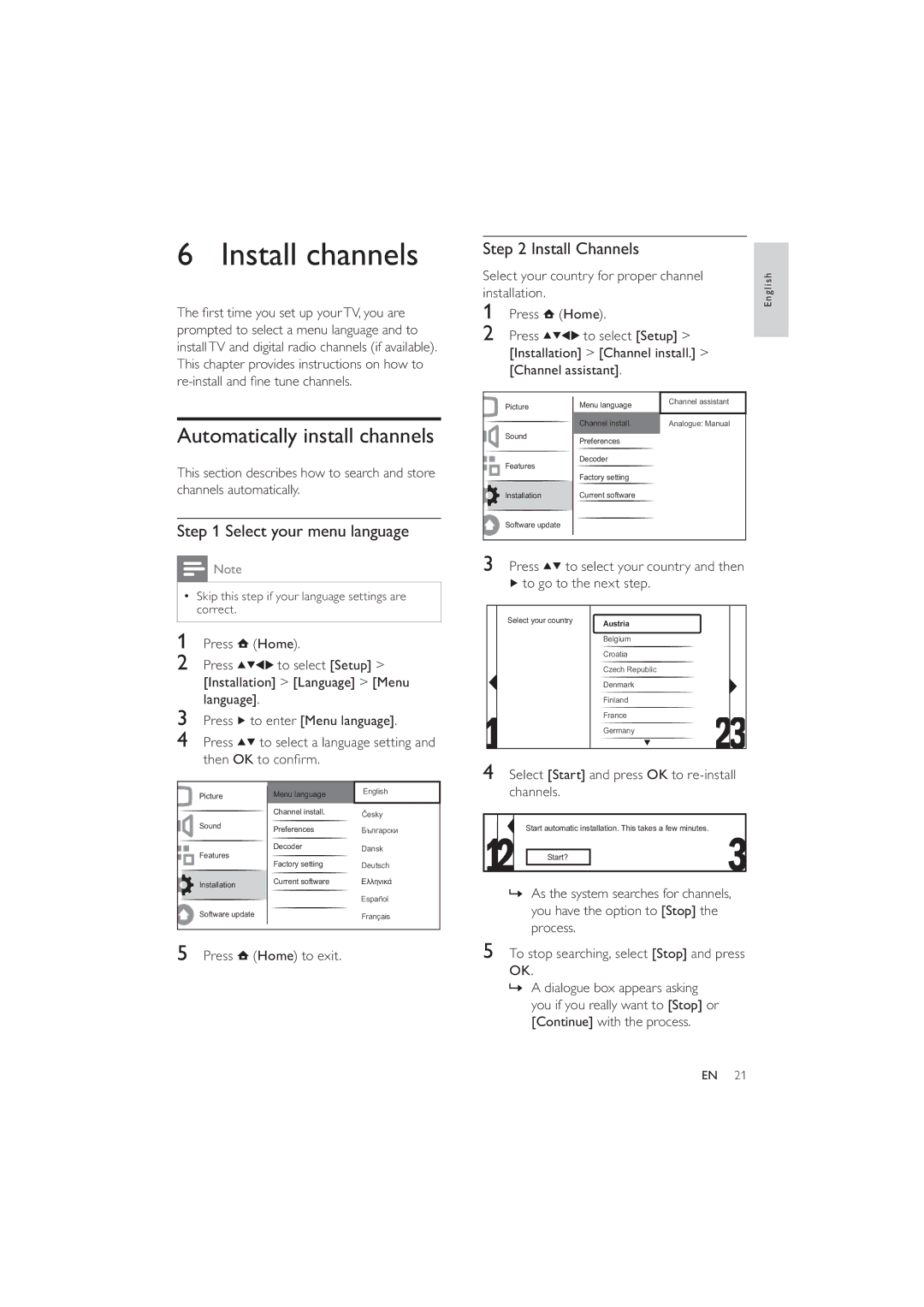 Philips 22PFL5604/60 Install channels, Automatically install channels, Select your menu language, Install Channels 