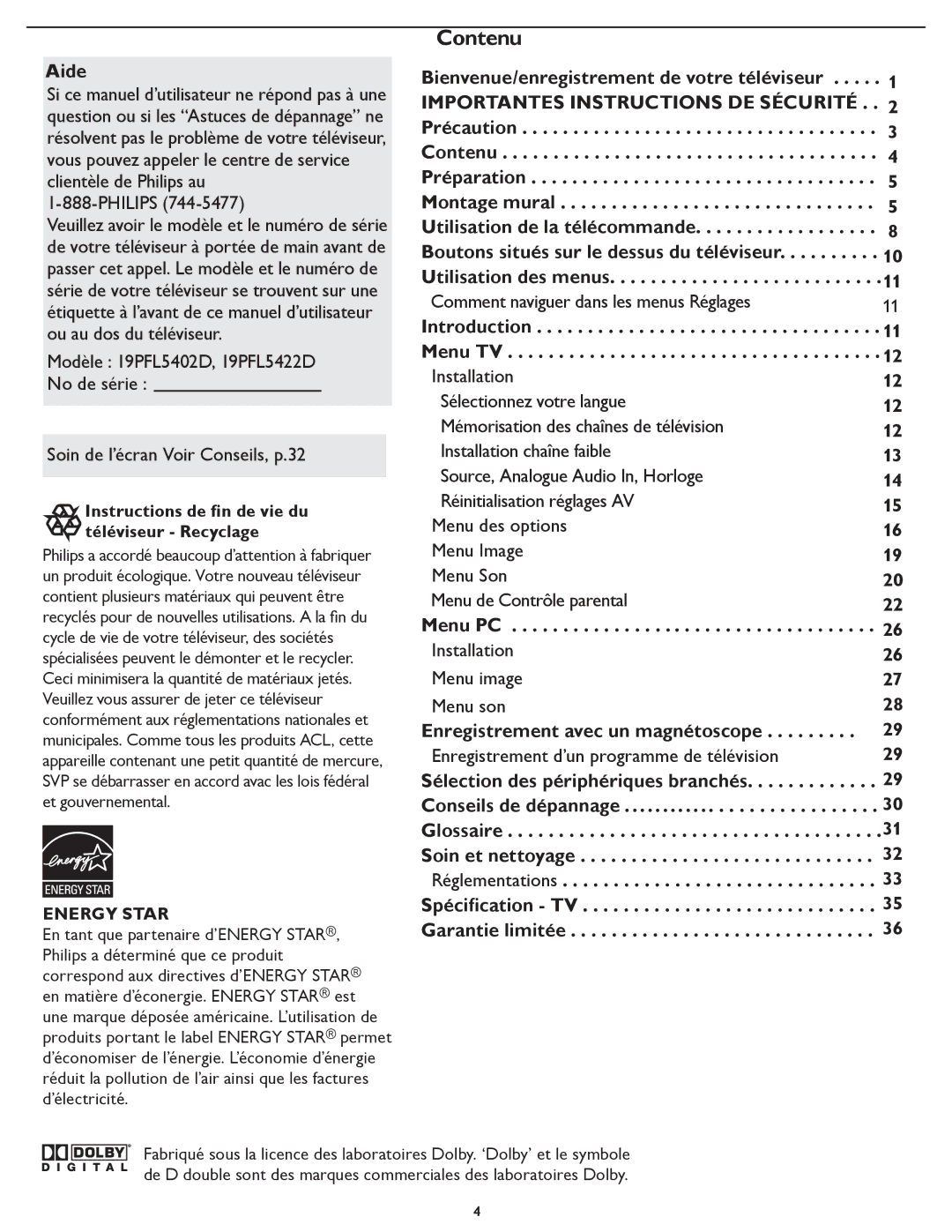 Philips 19PFL5422D Aide, Bienvenue/enregistrement de votre téléviseur, Instructions de ﬁn de vie du téléviseur Recyclage 