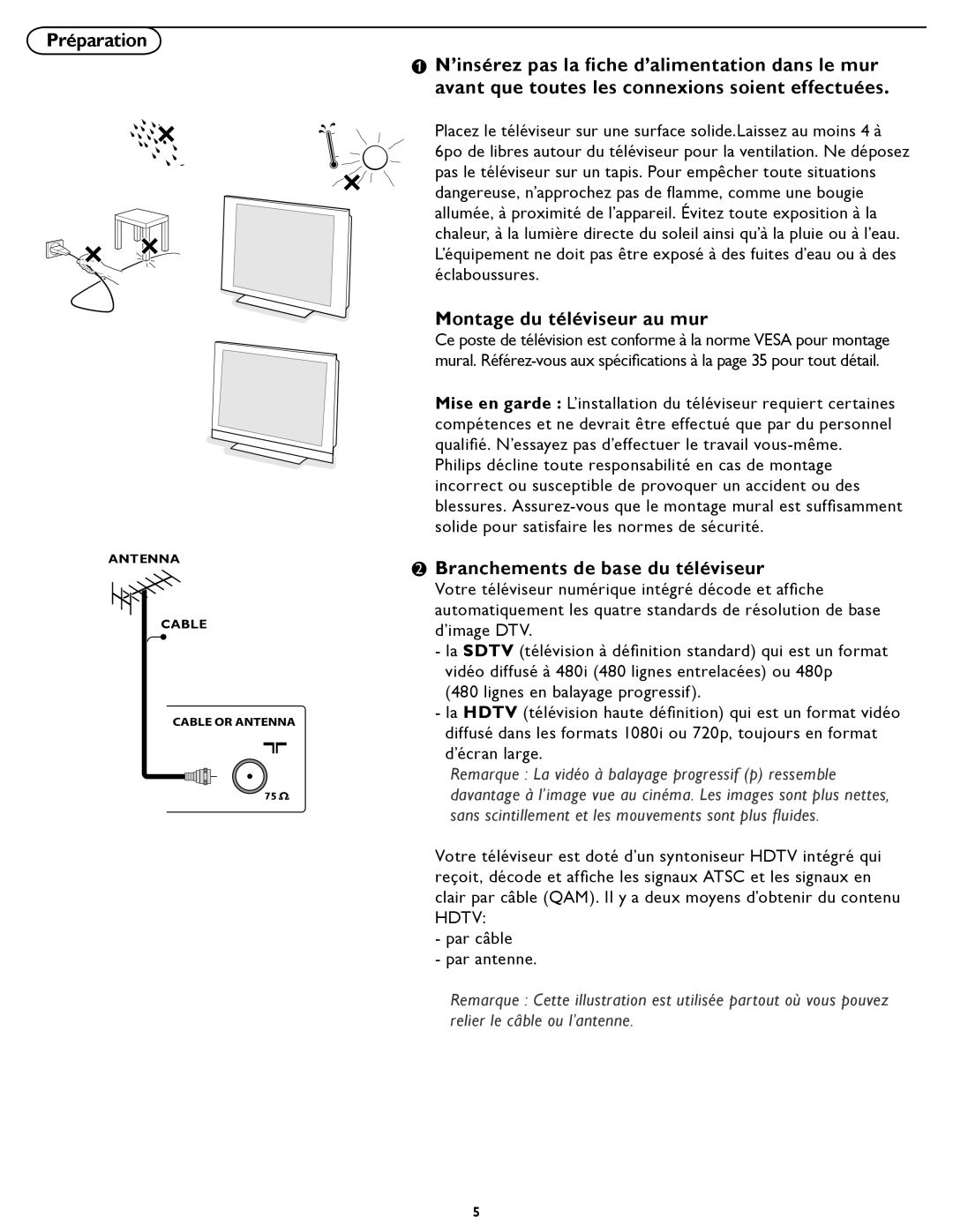 Philips 19PFL5422D quick start Montage du téléviseur au mur, Branchements de base du téléviseur 