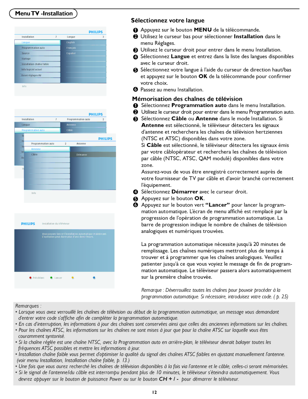 Philips 19PFL5422D MenuTV -Installation Sélectionnez votre langue, Appuyez sur le bouton Menu de la télécommande 