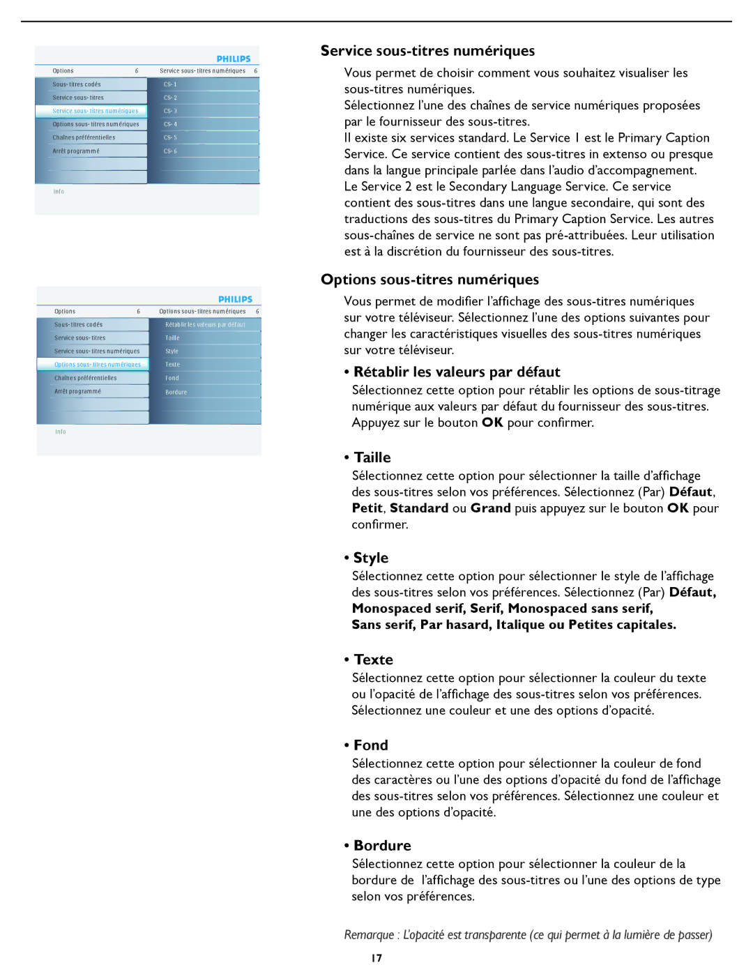 Philips 19PFL5422D Service sous-titres numériques, Options sous-titres numériques, Rétablir les valeurs par défaut, Taille 