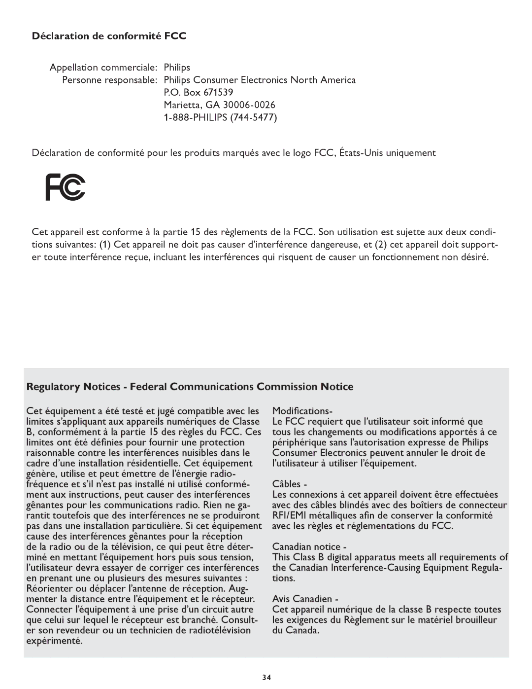 Philips 19PFL5422D quick start Déclaration de conformité FCC, Regulatory Notices Federal Communications Commission Notice 