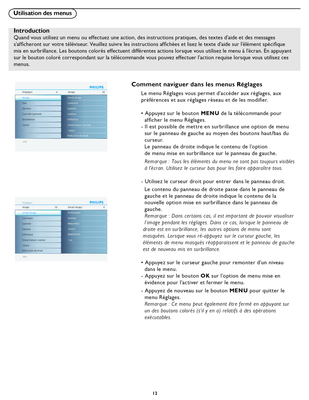 Philips 19PFL5622D quick start Utilisation des menus Introduction, Comment naviguer dans les menus Réglages 
