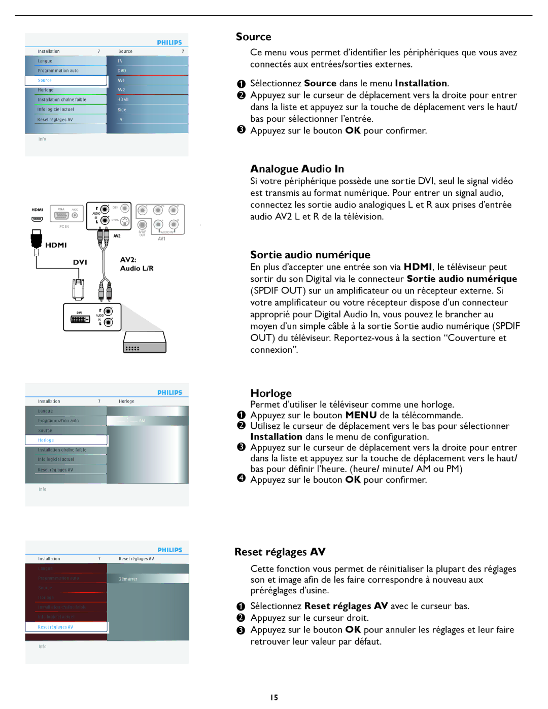 Philips 19PFL5622D quick start Source, Analogue Audio, Sortie audio numérique, Horloge, Reset réglages AV 