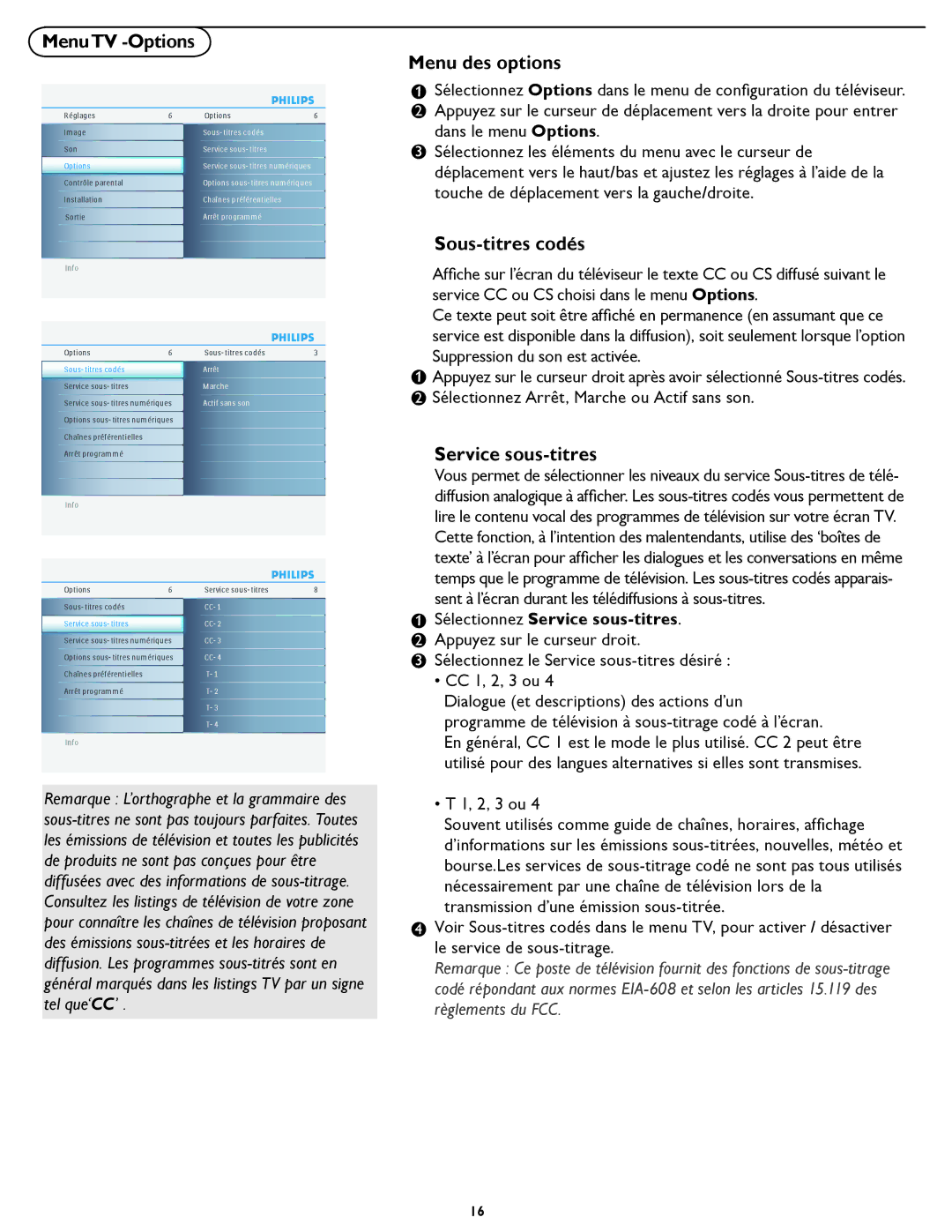 Philips 19PFL5622D quick start MenuTV -Options, Menu des options, Sous-titres codés, Service sous-titres 
