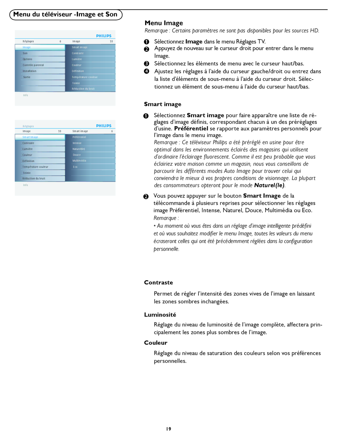 Philips 19PFL5622D quick start Menu du téléviseur -Image et Son, Menu Image 