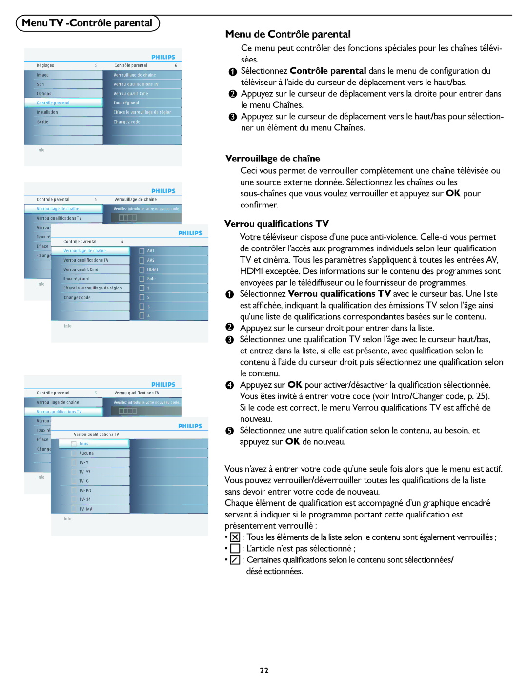 Philips 19PFL5622D quick start MenuTV -Contrôle parental, Menu de Contrôle parental, Sées, Verrouillage de chaîne 
