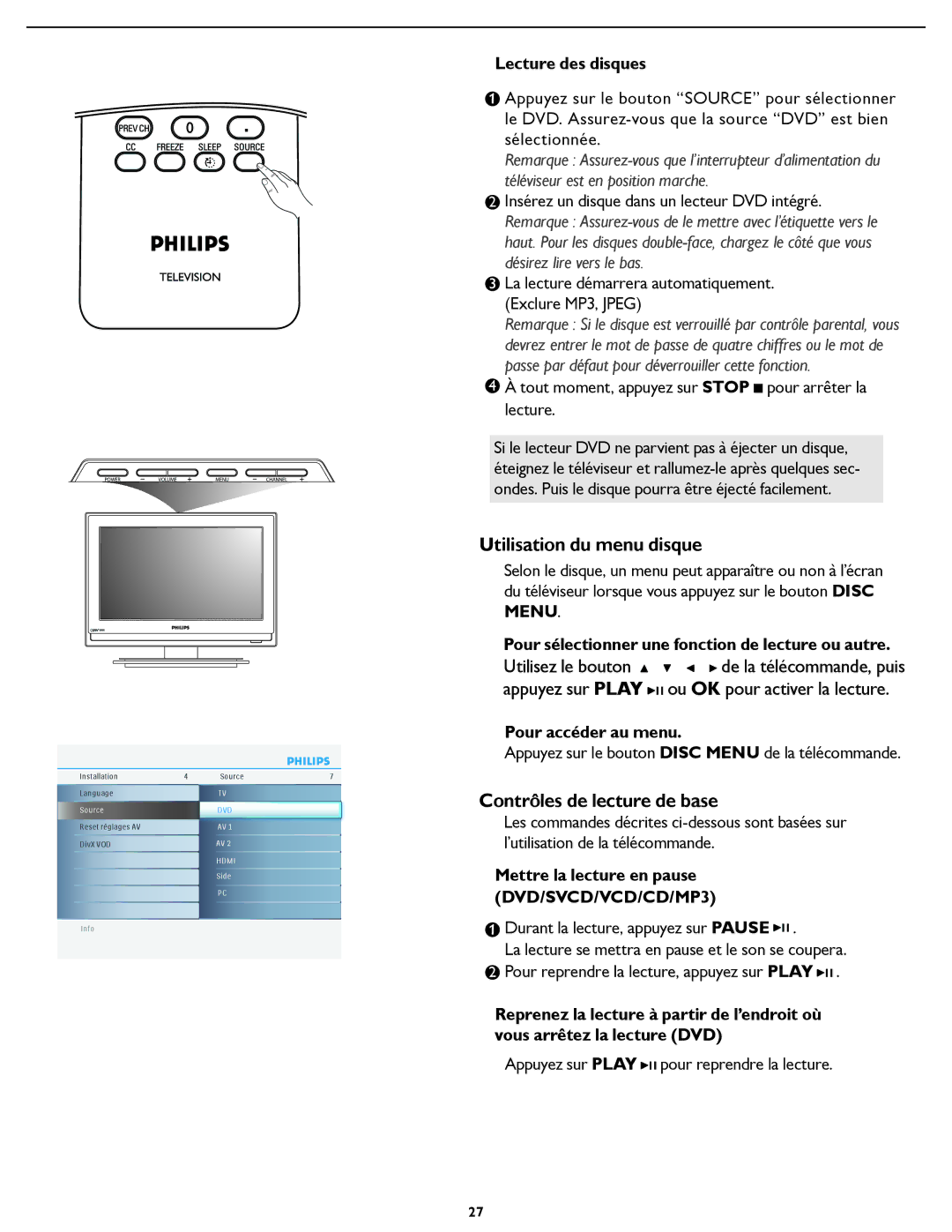 Philips 19PFL5622D quick start Utilisation du menu disque, Contrôles de lecture de base 