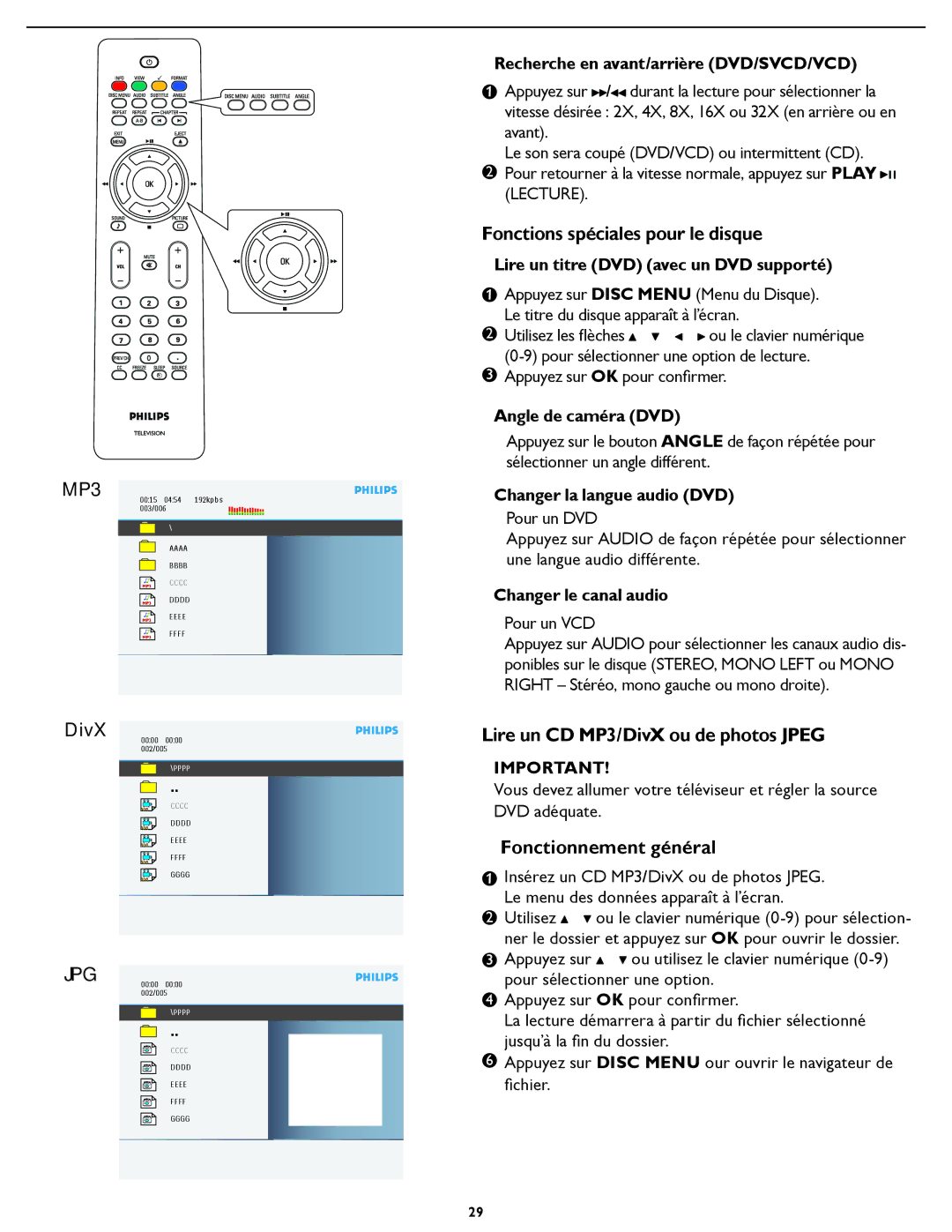 Philips 19PFL5622D Fonctions spéciales pour le disque, Lire un CD MP3/DivX ou de photos Jpeg, Fonctionnement général 
