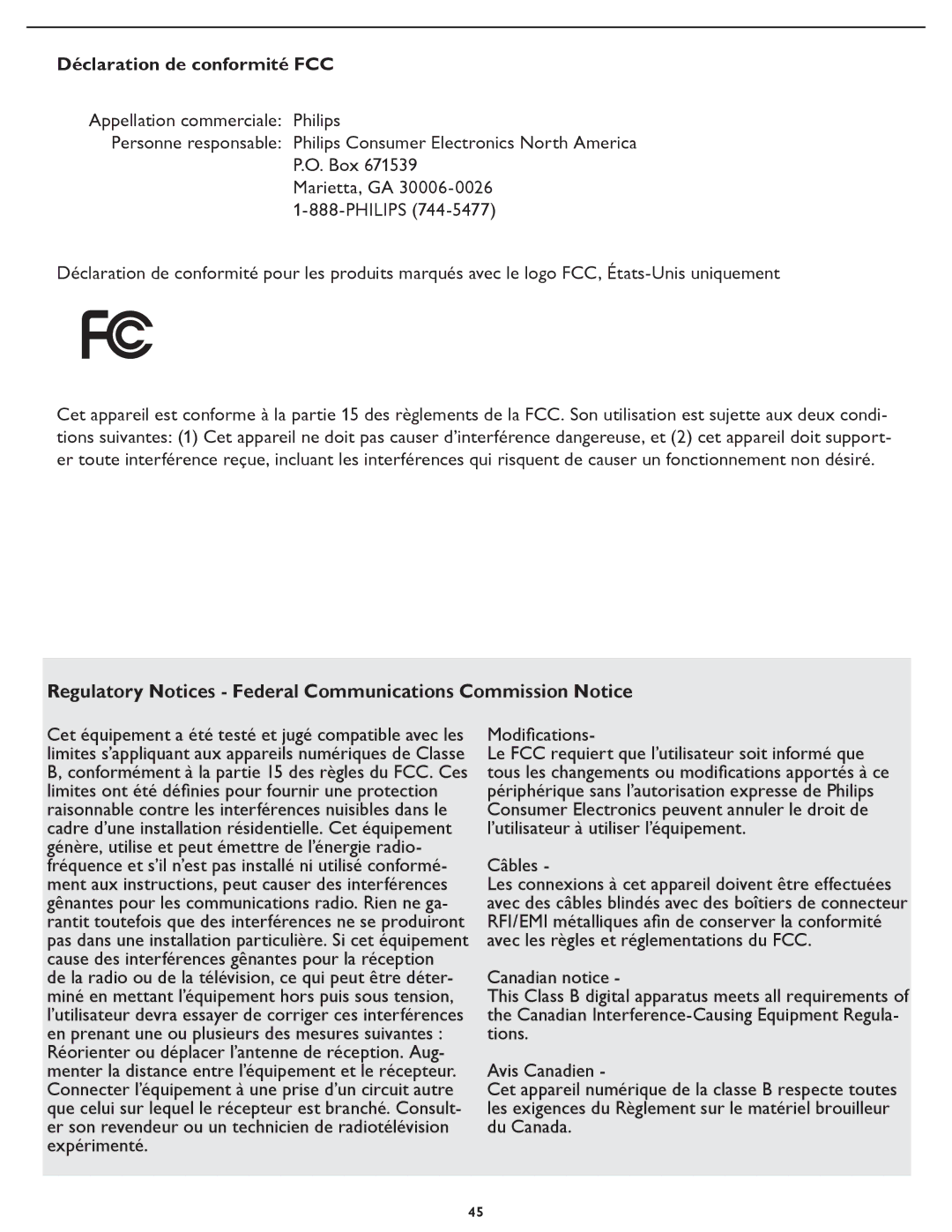 Philips 19PFL5622D quick start Regulatory Notices Federal Communications Commission Notice 