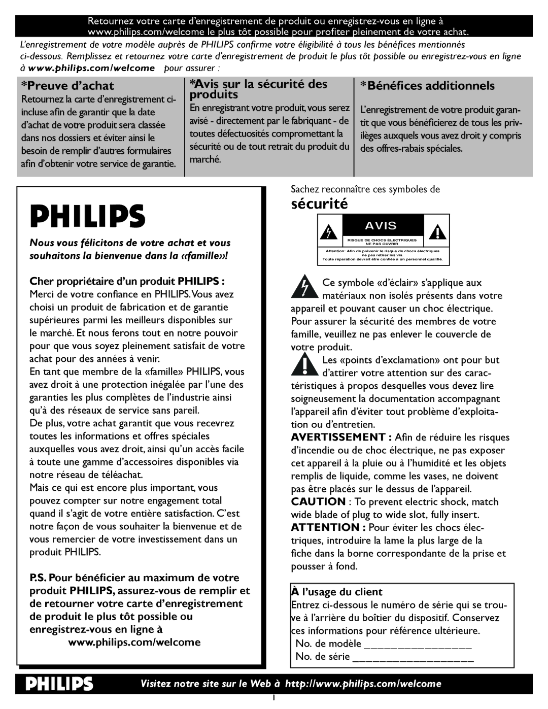 Philips 19PFL5622D quick start Preuve d’achat, ’usage du client 