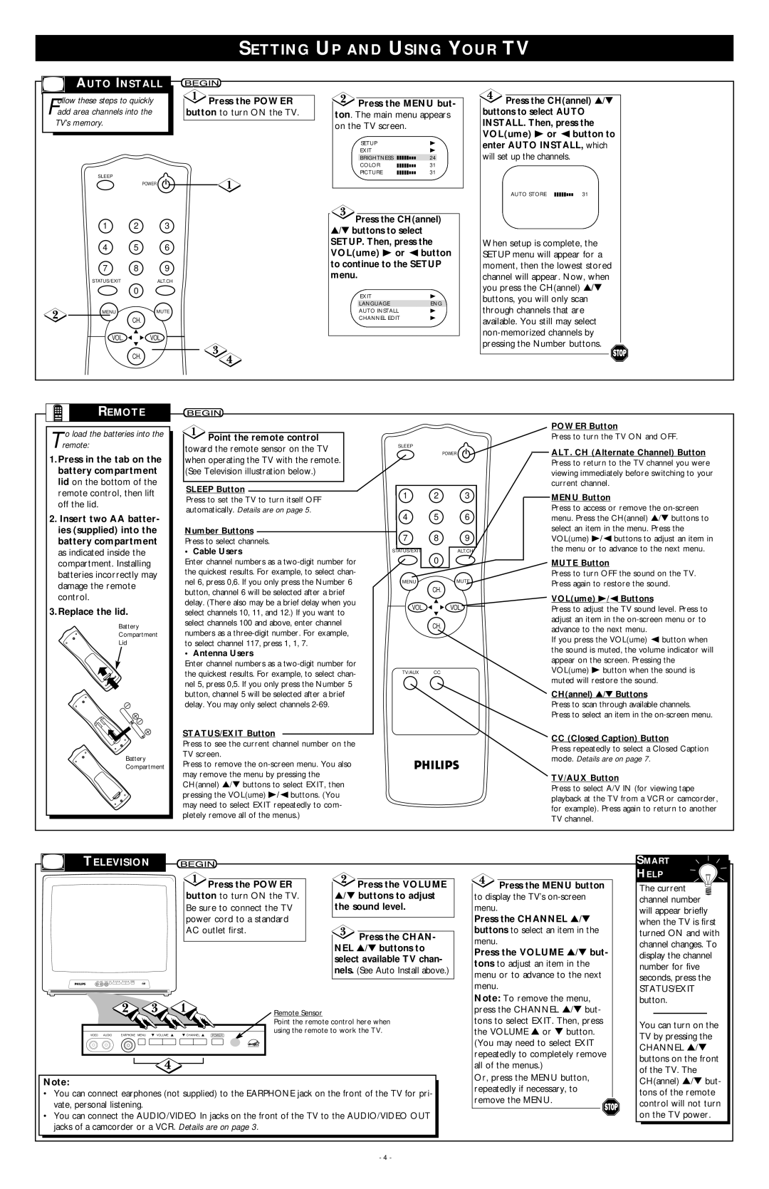 Philips 19PR09C warranty Setting UP and Using Your TV, Auto Install, Remote, Television, TV’s memory 