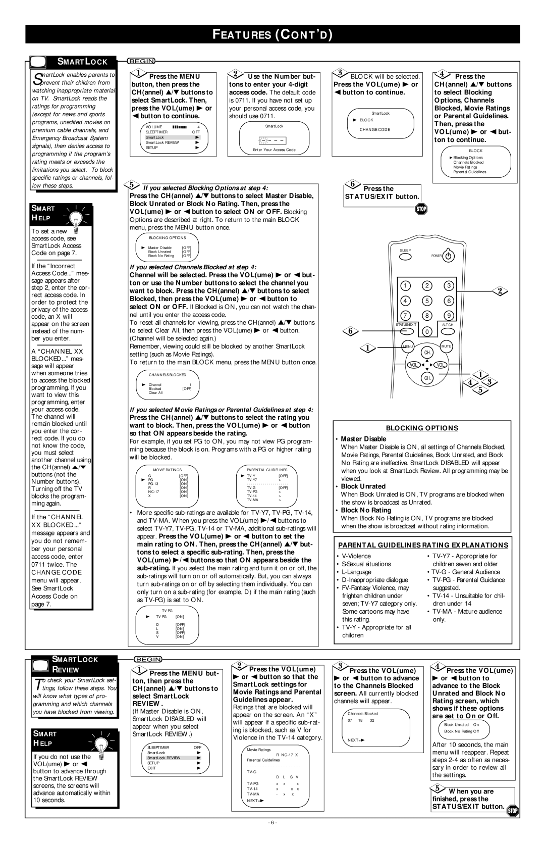 Philips 19PR09C warranty Features CONT’D, Smartlock, If you selected Blocking Options at step 