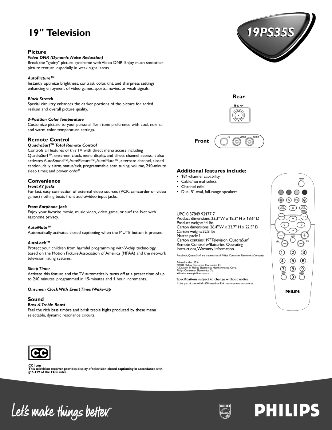 Philips 19PS35S manual Picture, Remote Control, Convenience, Sound, Rear Front Additional features include 