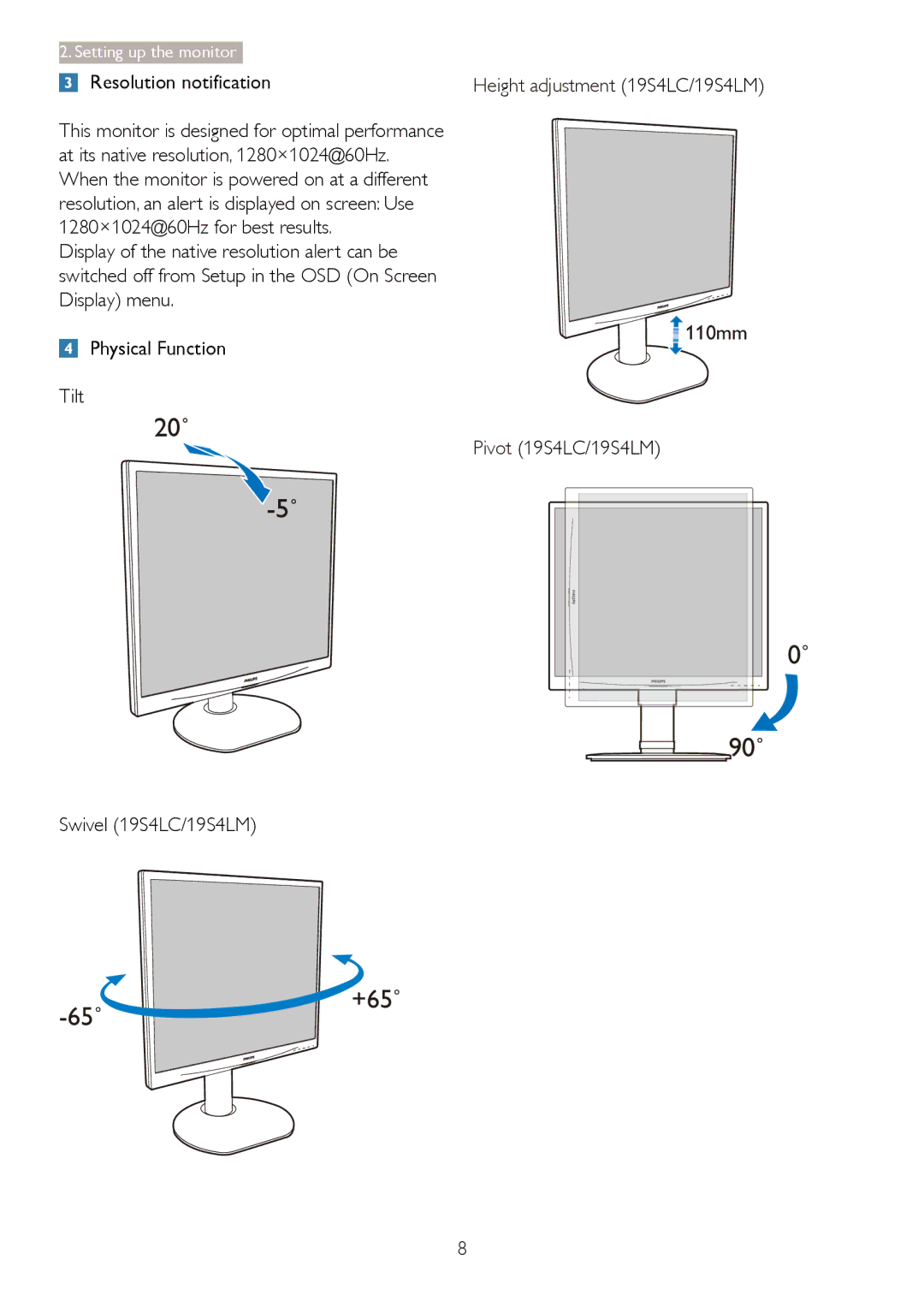 Philips 19S4LA, 19S4LSB Resolution notification, 110mm, Physical Function Tilt, Pivot 19S4LC/19S4LM, Swivel 19S4LC/19S4LM 