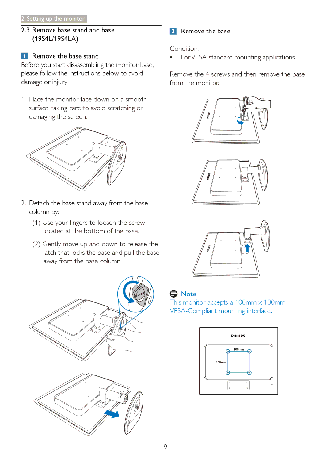 Philips 19S4LA, 19S4LC, 19S4LSB, 19S4LM user manual Detach the base stand away from the base column by, Remove the base 