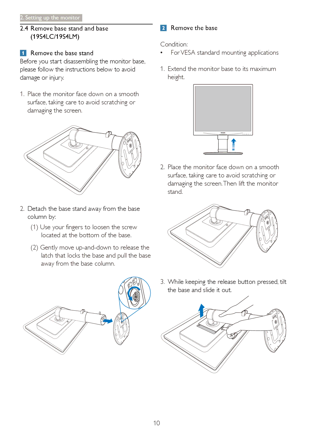 Philips 19S4LC, 19S4LA, 19S4LSB, 19S4LM user manual Detach the base stand away from the base column by 