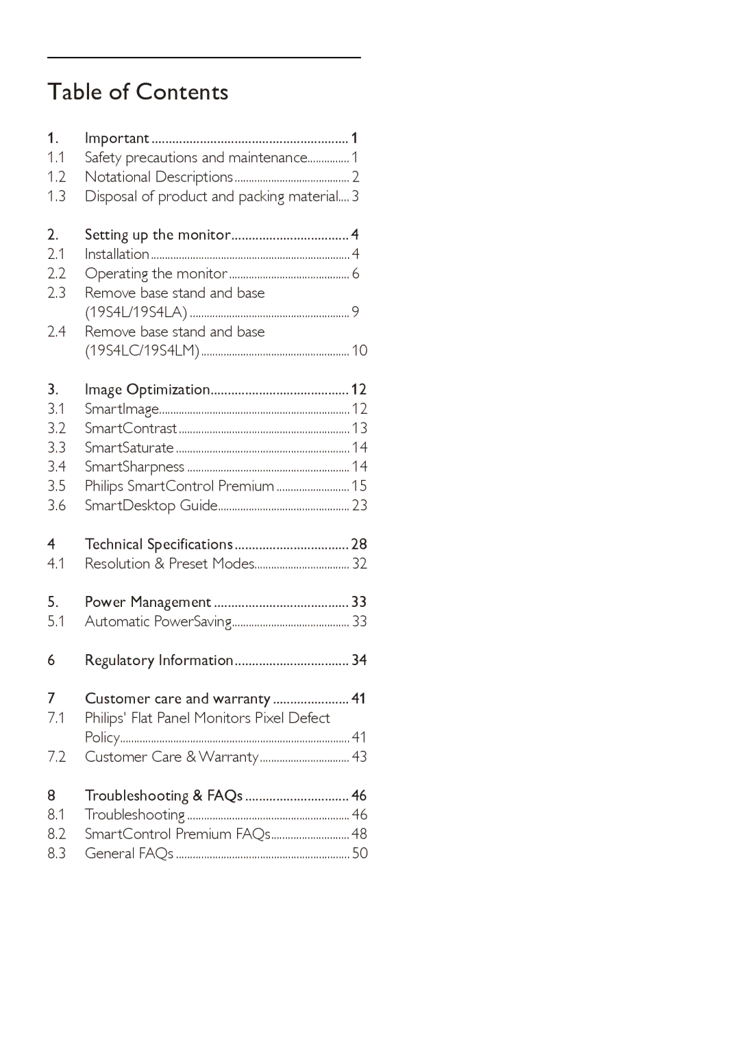 Philips 19S4LC, 19S4LA, 19S4LSB, 19S4LM user manual Table of Contents 